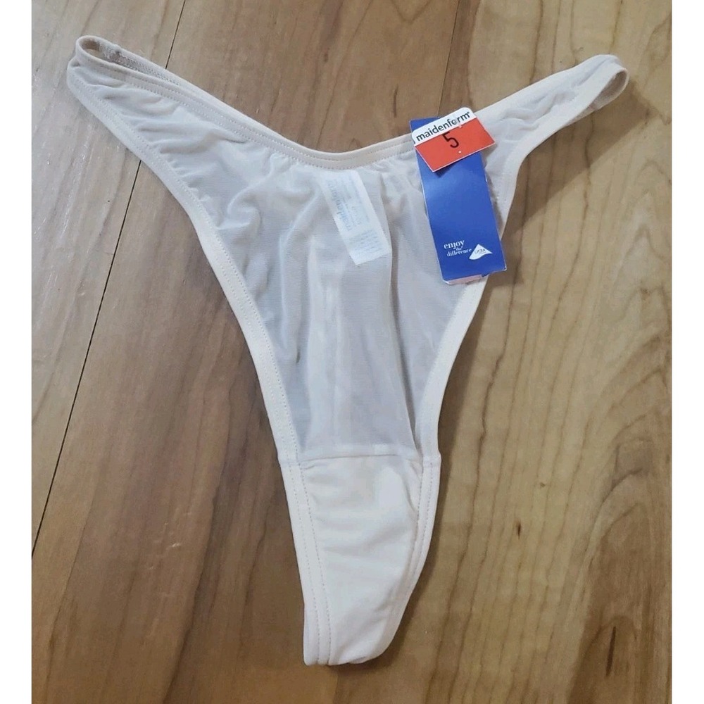 VTG Maidenform Bare Body Hugs Sheer Mesh Thong Panty 40310 NWT Beige Nude 5 Sz S